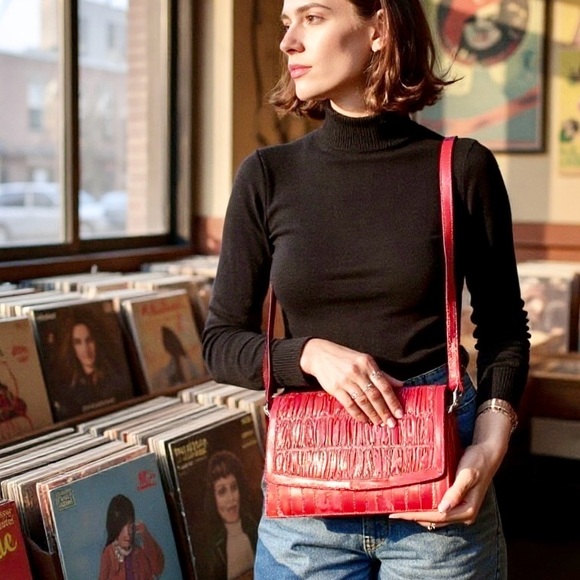 Vintage Handbags - Red Eel Skin, Pleated/Gathered Front Flap Shoulder bag, made in Korea 1980s